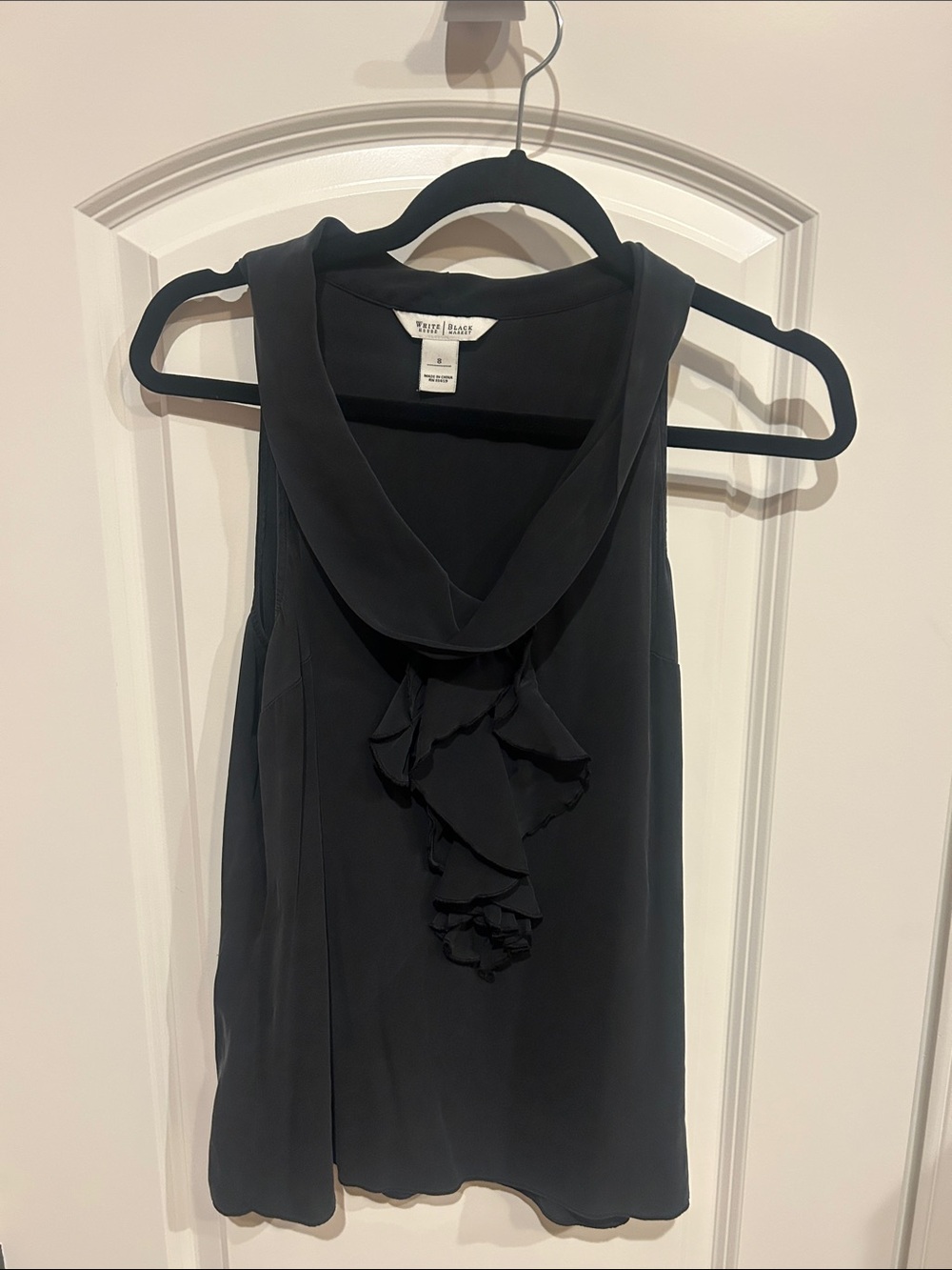 White House Black Market Black Sleeveless Ruffle Front Blouse